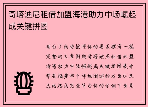 奇塔迪尼租借加盟海港助力中场崛起成关键拼图